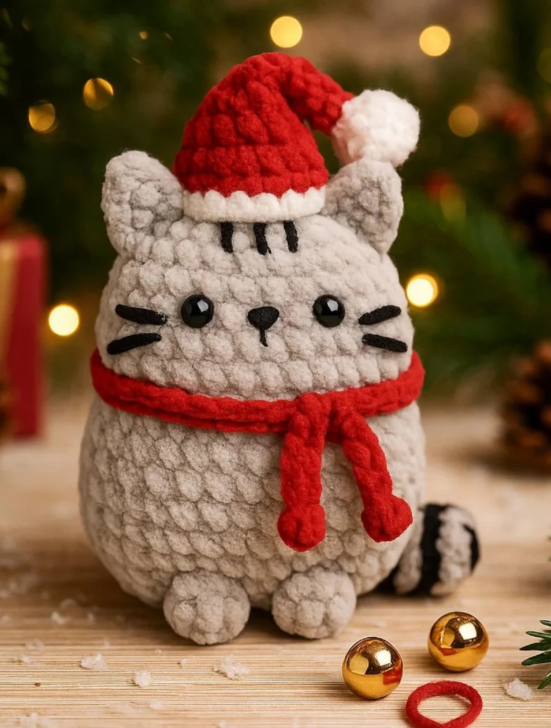 Crocheted Chubby Grey Cat Plushie with Santa Hat and Red Scarf