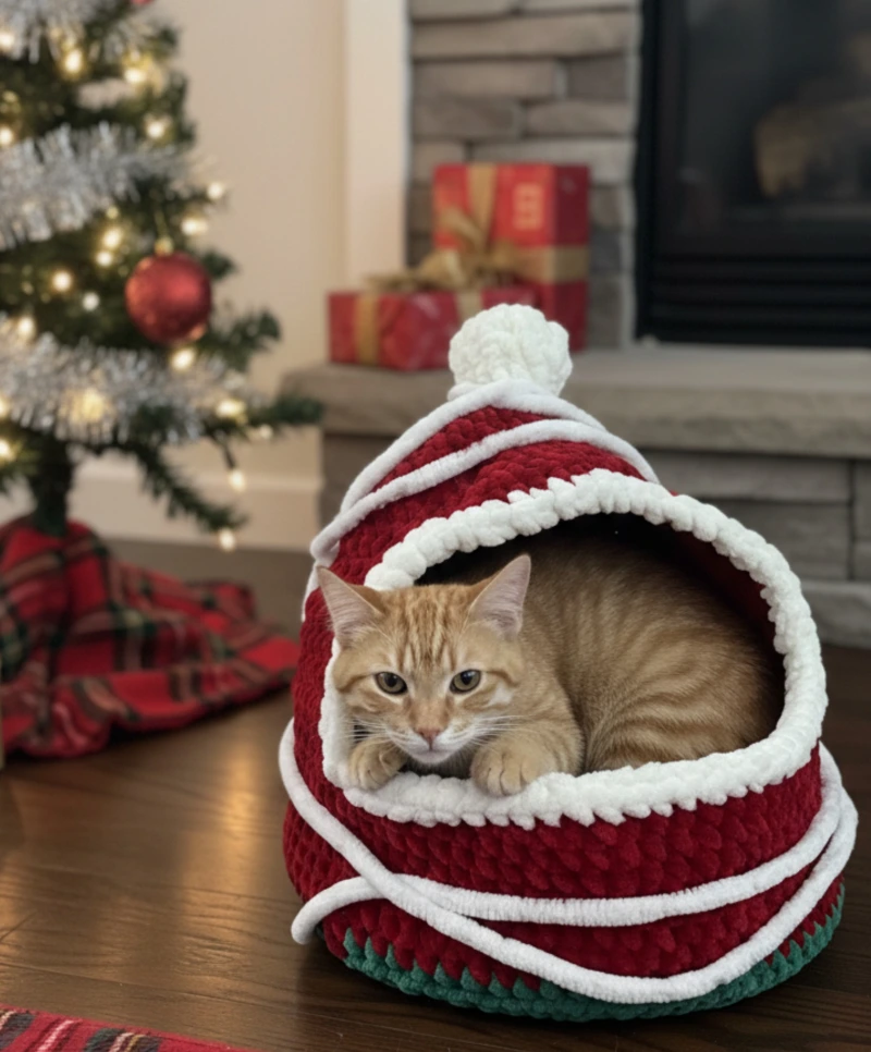 Crocheted Santa Hat Cave Bed with Orange Tabby Cat