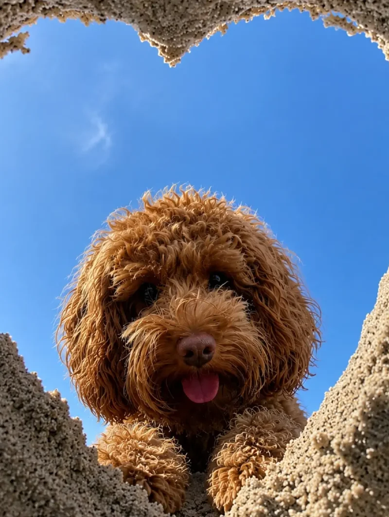 Curly-coated dog framed by a heart-shaped hole in the sand