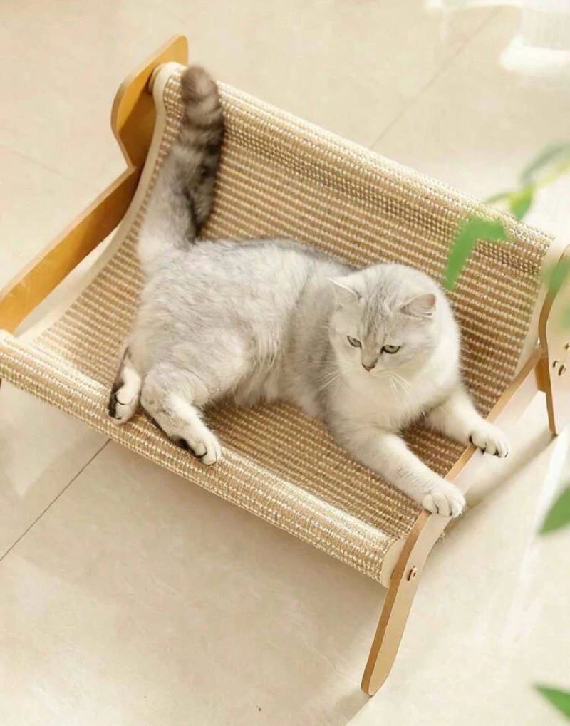 Curved Wooden Hammock Scratching Lounge on Neutral Tiled Floor