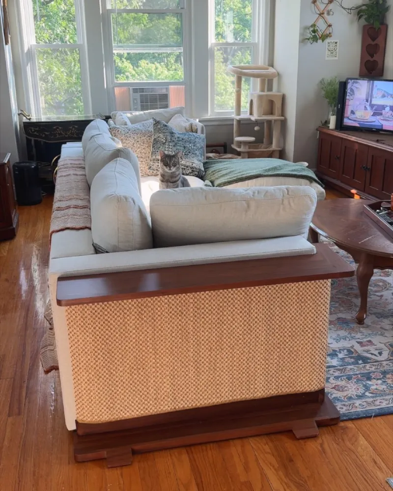 Custom Sofa with Built-In Sisal Cat Scratcher Panel and Wooden Frame