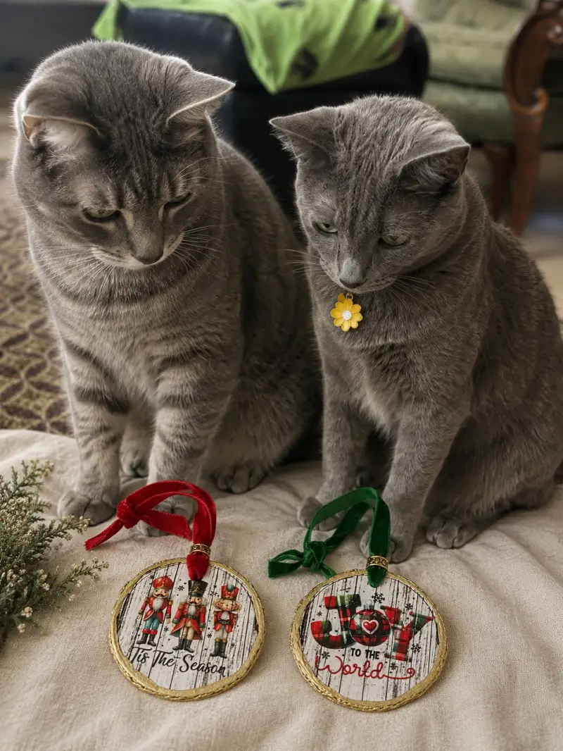 Custom Wooden Ornaments with Velvet Hangers on Silver Cats