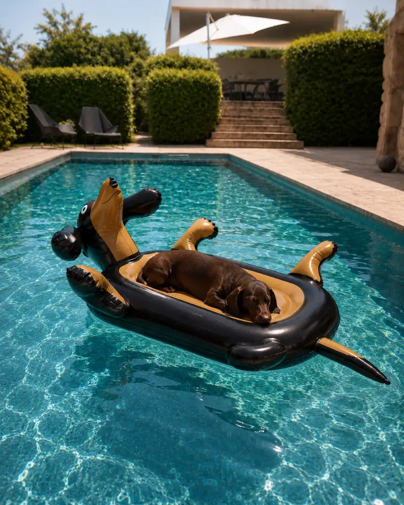 Dachshund Novelty Pool Float in a Crystal Blue In-Ground Swimming Pool