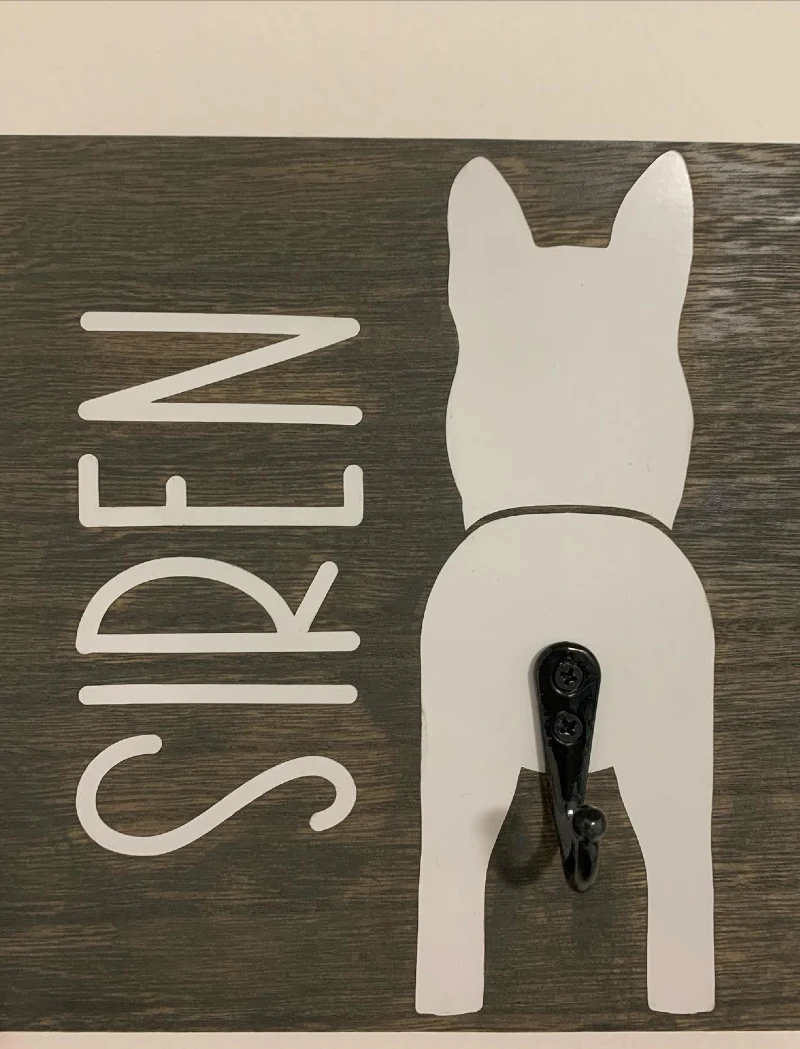 Dark Stained Wooden Sign with Vertical White Typography and Frenchie Silhouette