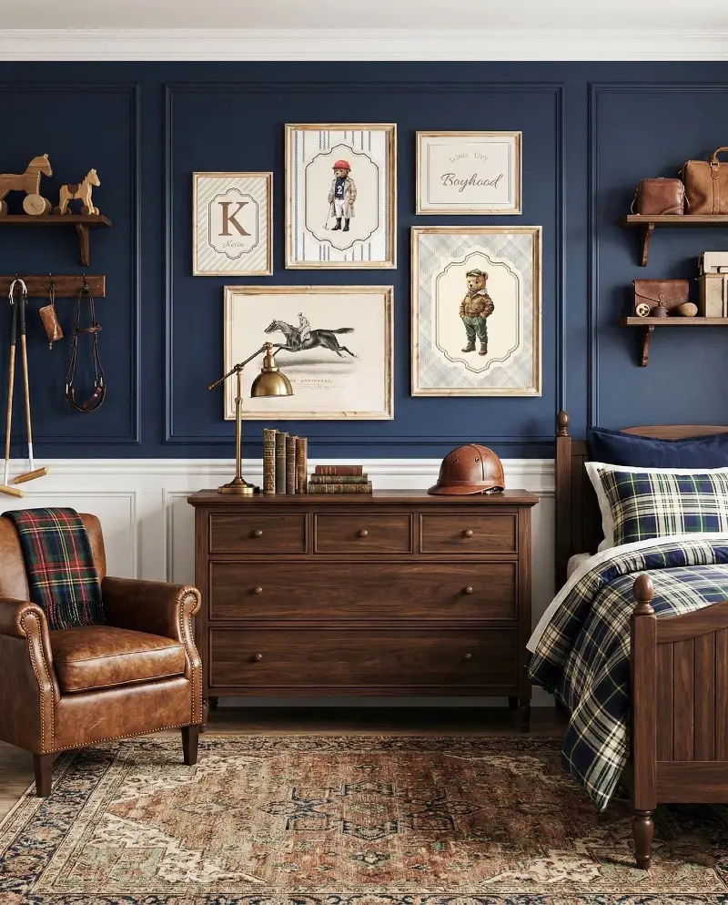 Deep Navy Molding with Cognac Leather and Plaid Textiles