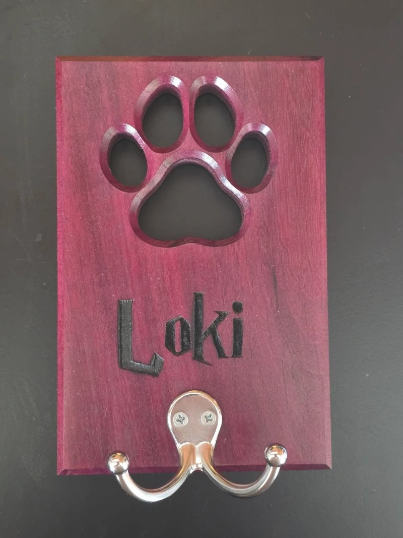 Deep Plum Stained Wood Plaque with Cutout Paw Print and Silver Hook