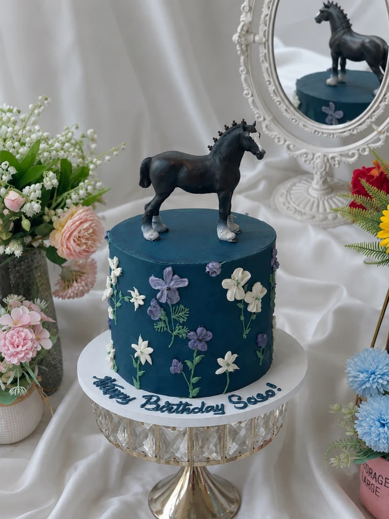 Deep Teal Cake with Piped Wildflowers and Elegant Black Dressage Horse Topper