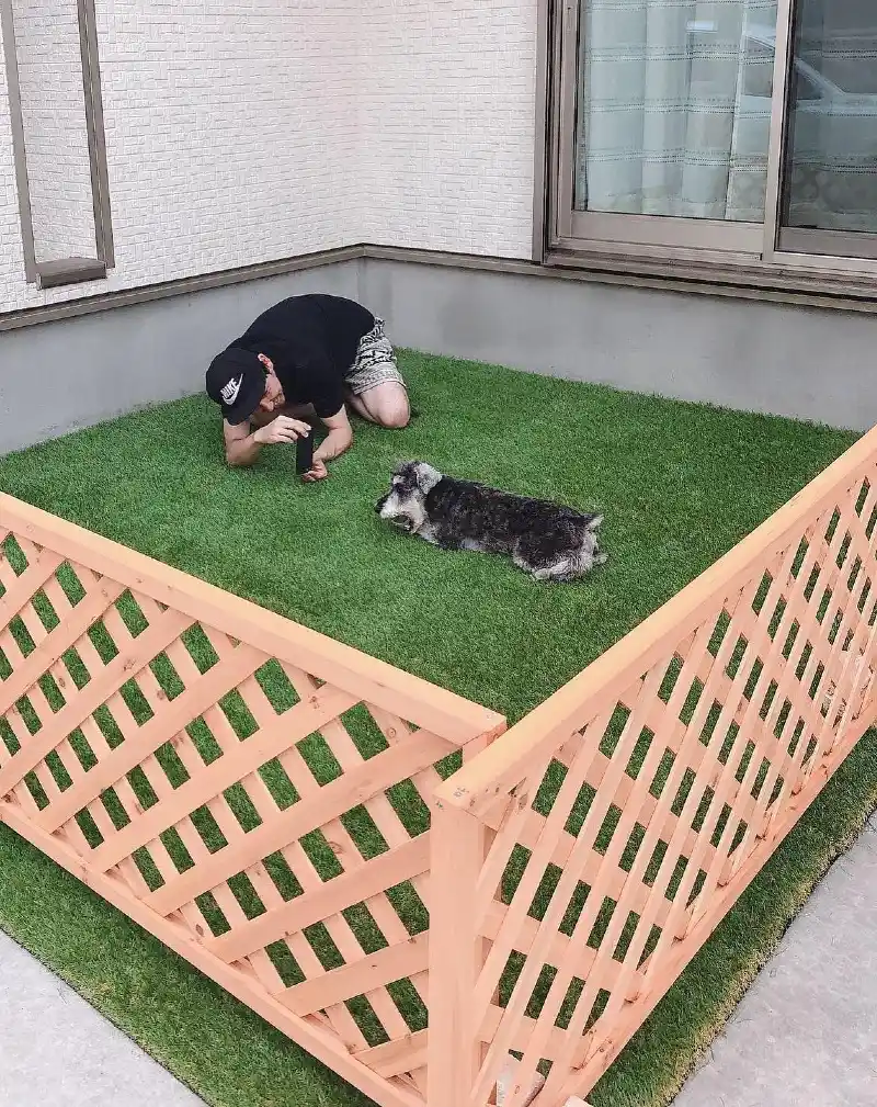 Diagonal Wooden Lattice Fence enclosing Artificial Turf Corner Yard