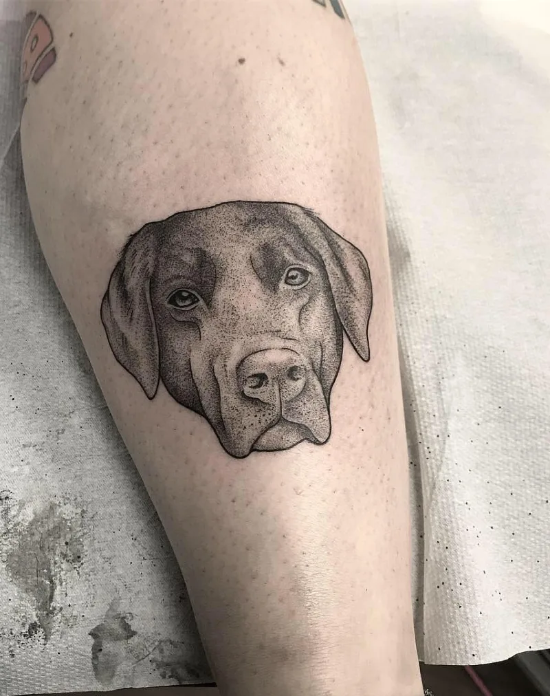 Dotwork Shaded Chocolate Labrador Head Portrait on Calf
