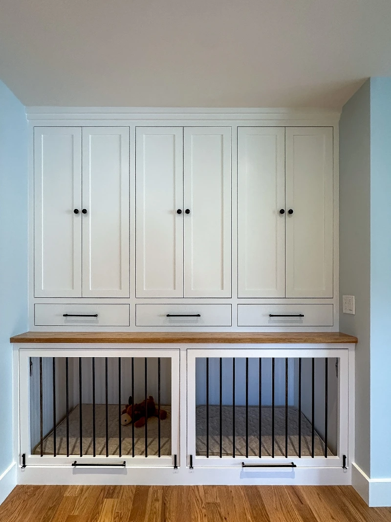 Double Built-In Shaker Cabinet Kennels with Oak Countertop