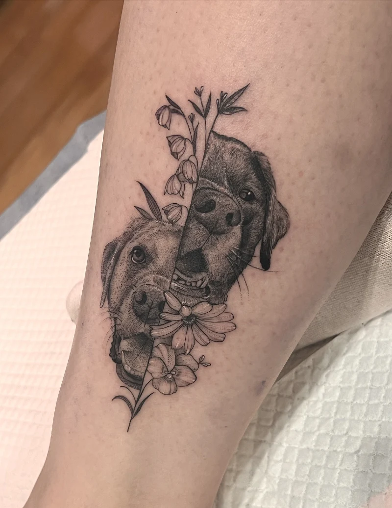 Dual Labrador Portrait Split by a Vertical Botanical Stem