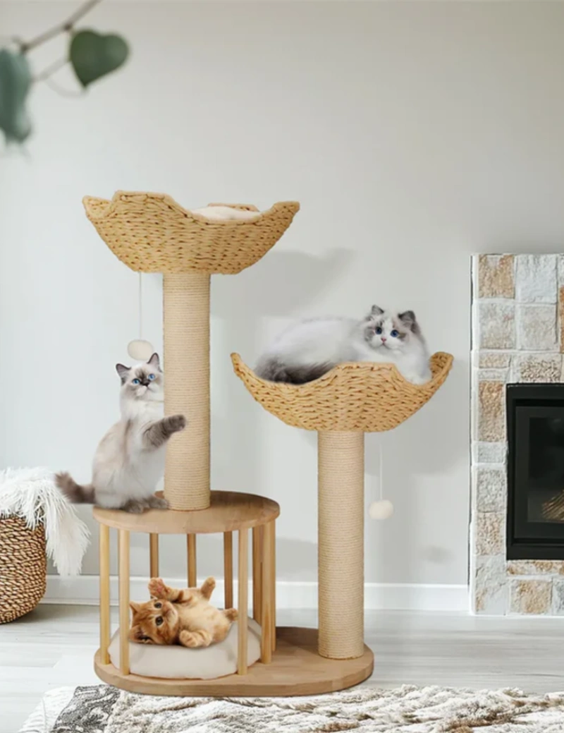 Dual-Tier Woven Basket Cat Tree with Wooden Spindles near Stone Fireplace