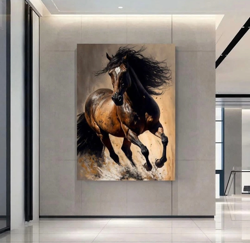 Dynamic Galloping Stallion Canvas on Neutral Minimalist Wall Panels
