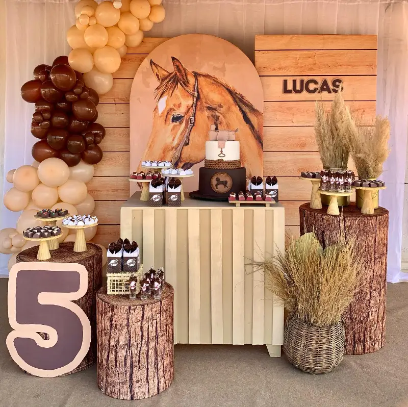 Earth-Toned Wooden Panel Setup with Realistic Horse Portrait and Faux Log Pillars