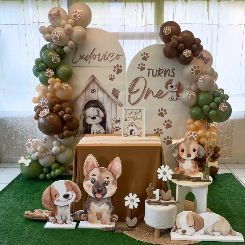 Earthy Wooden Kennel Backdrop with Sage and Ochre Balloon Pillars and Puppy Illustrations