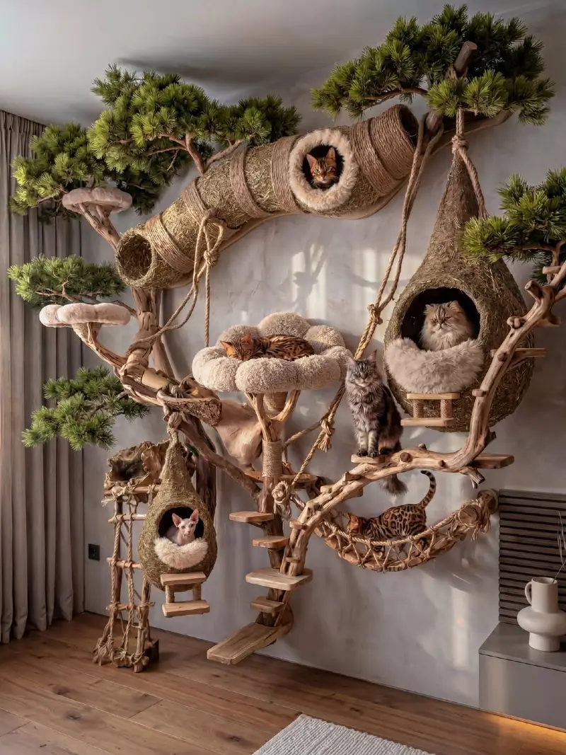 Elaborate Bonsai Tree Climbing Installation with Sisal Tunnels and Hanging Grass Nests