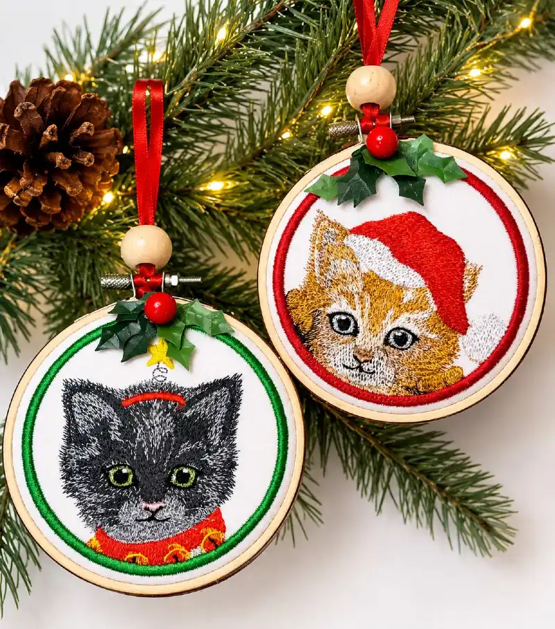 Embroidered Cat Hoop Ornaments with Holly Accents