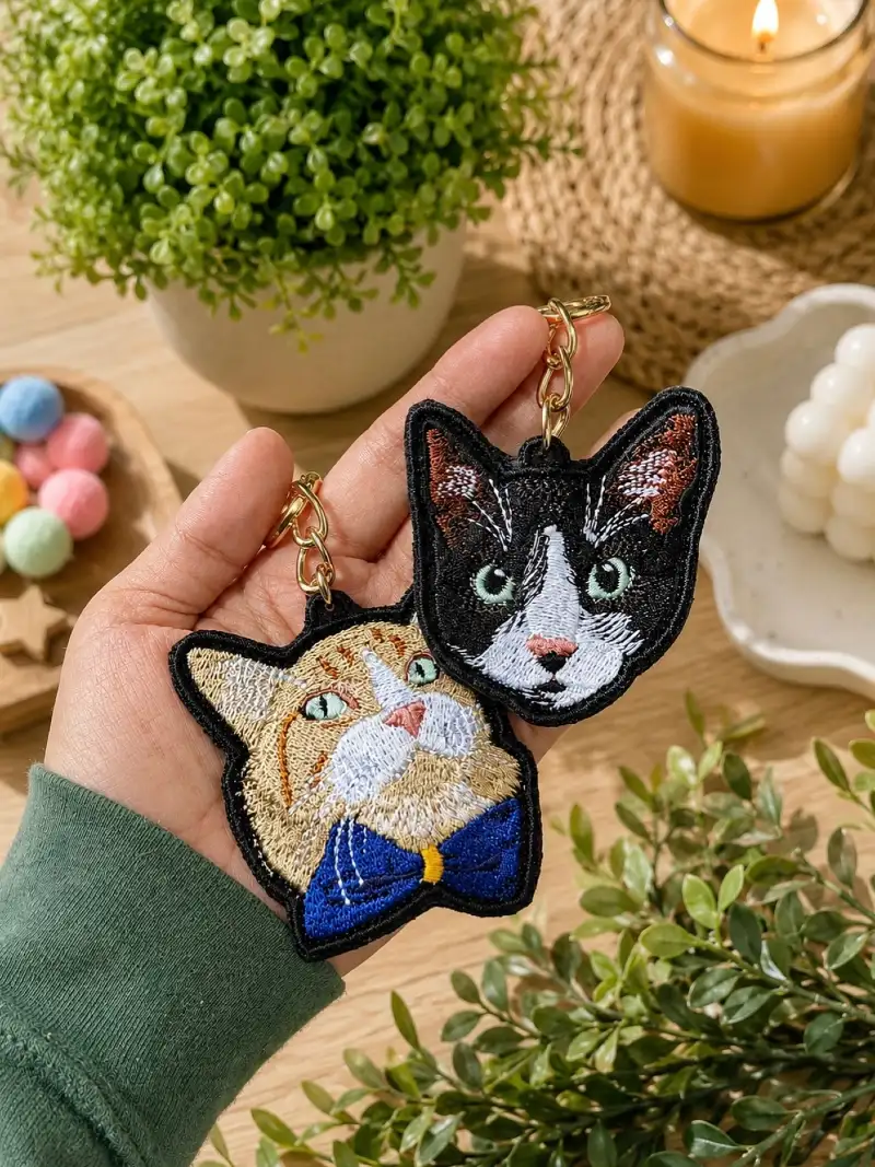 Embroidered Cat Portrait Keychains with Blue Bow Tie Accent