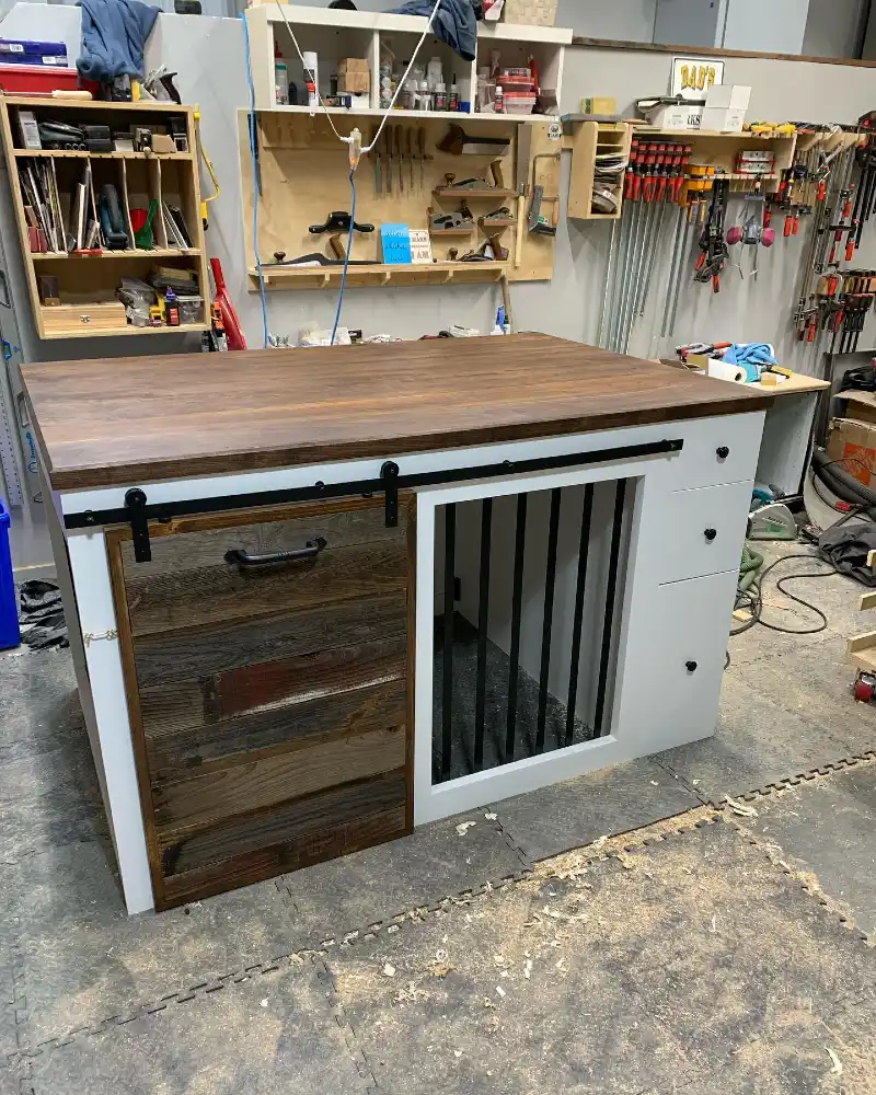 Farmhouse Workstation Crate with Reclaimed Barn Wood Sliding Door and Built-In Drawers