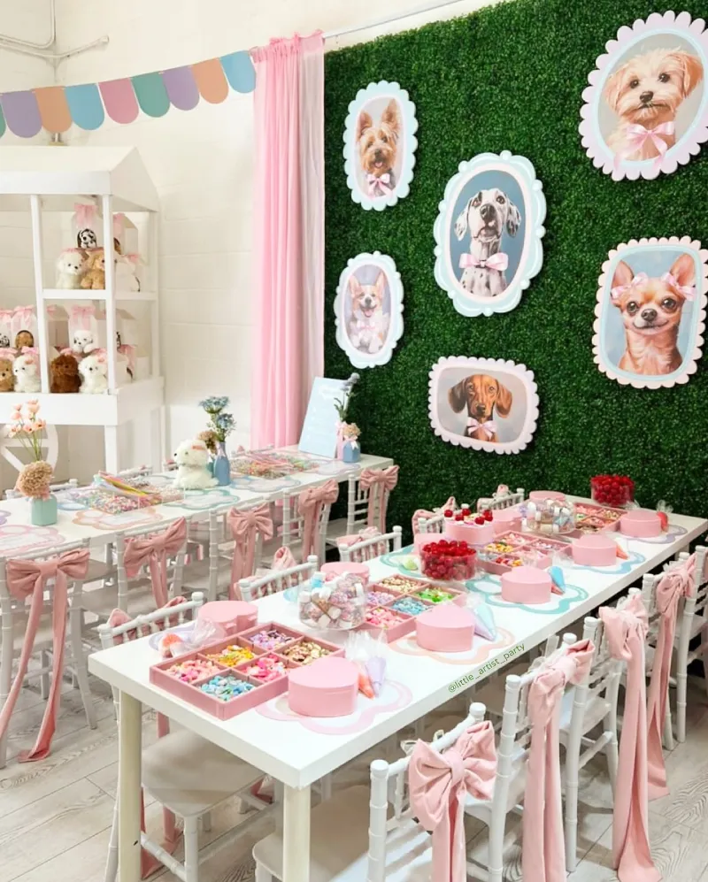 Faux-Hedge Gallery Wall with Pink Chair Bows and Segmented Treat Trays
