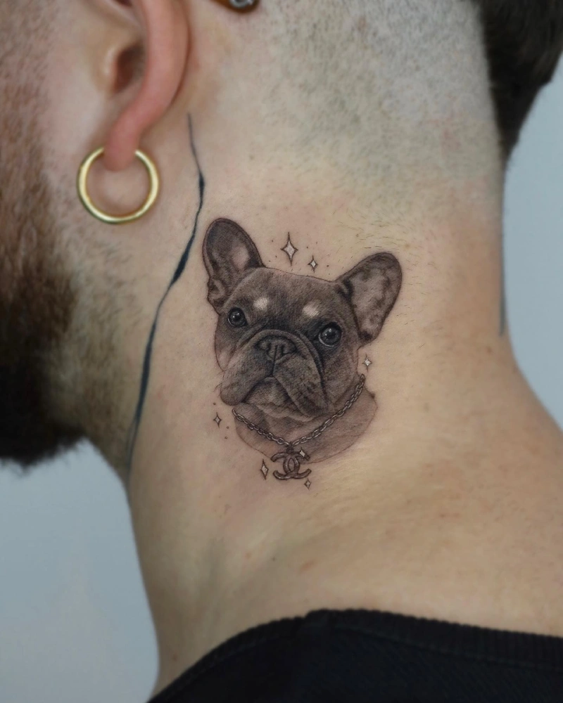 Fine-Line French Bulldog Neck Tattoo with Decorative Chain and Sparkle Accents