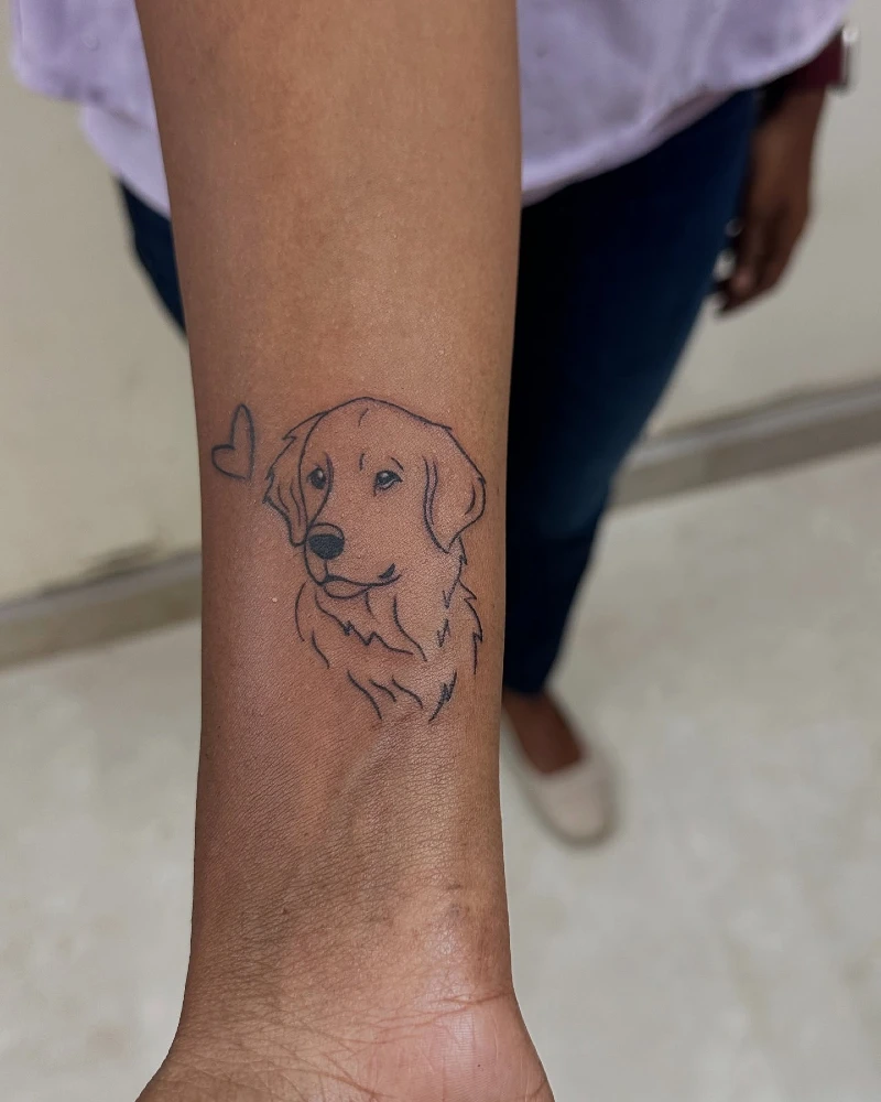 Fine Line Golden Labrador Portrait with Fluffy Neck Fur and Minimalist Heart on Forearm