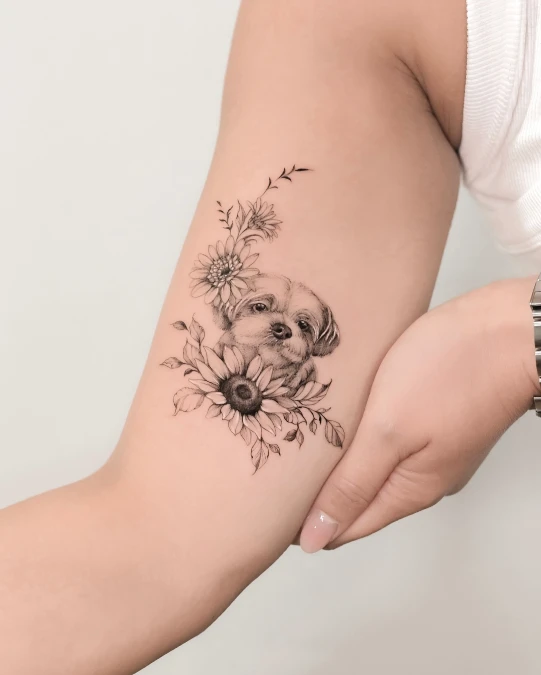 Fine Line Pet Portrait Anchored By Bold Sunflowers