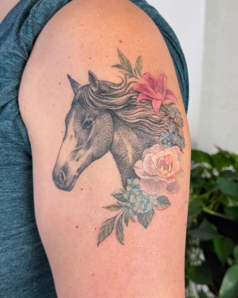 Fine-Line Shaded Horse Portrait with Soft Pink Lily and Pastel Florals