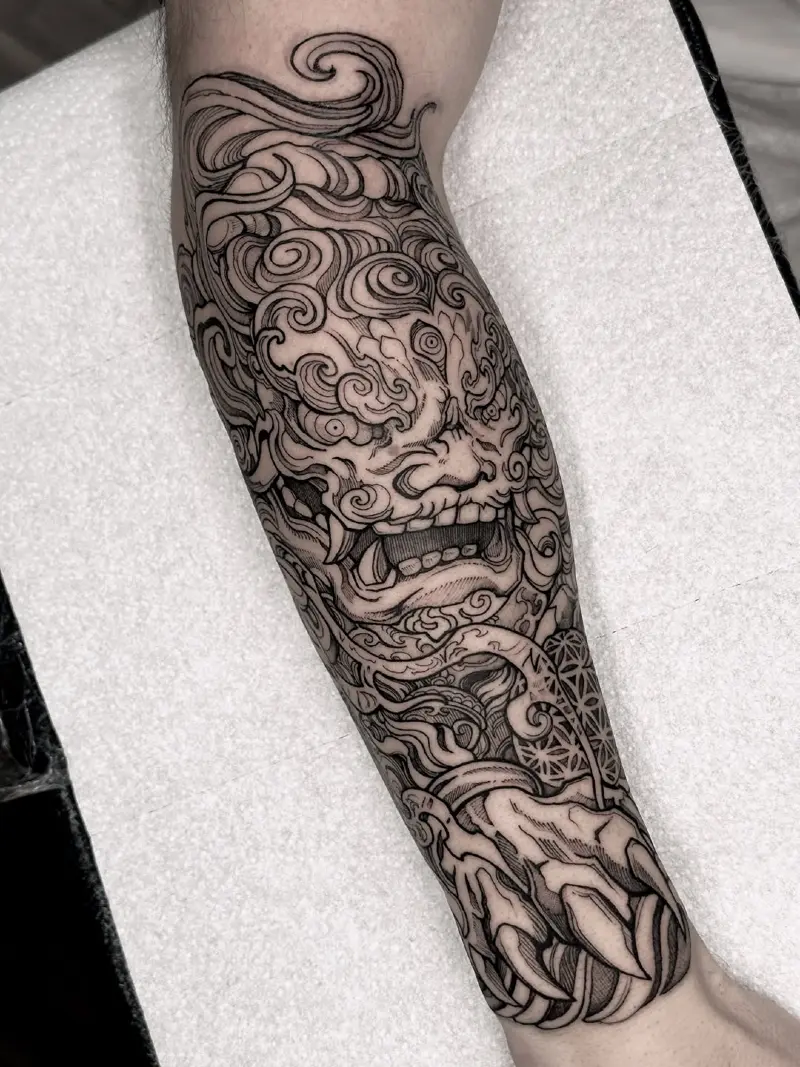 Fine Line Swirling Foo Dog Forearm Tattoo