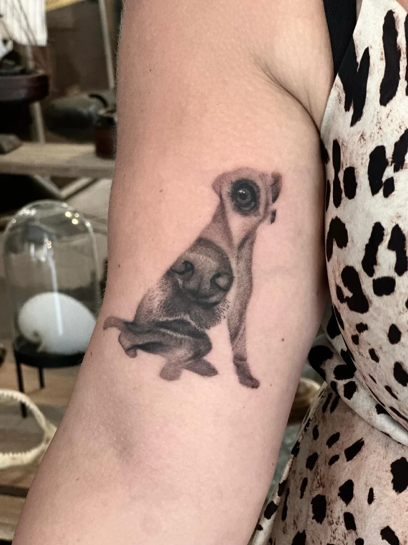 Fish-Eye Lens Perspective Labrador Tattoo on Upper Arm