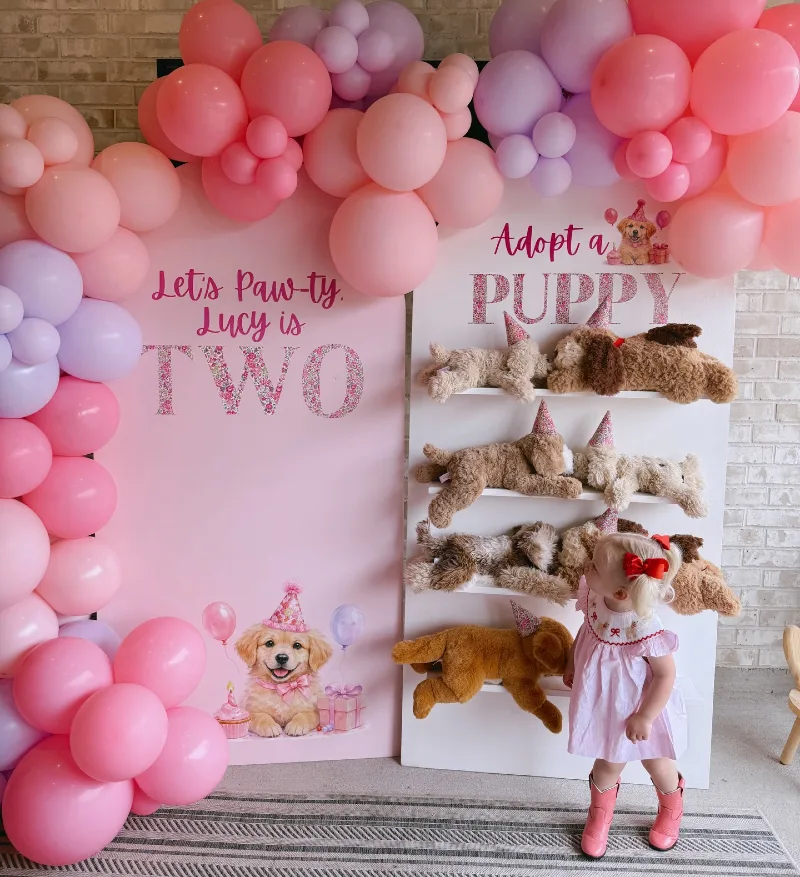 Floral-Lettered Birthday Panel with Puppy Adoption Ledge and Lavender Balloon Garland