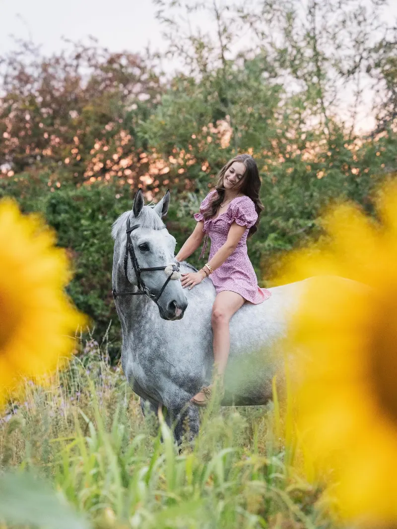 Floral Puff-Sleeve Mini Dress on a Dappled Grey Horse