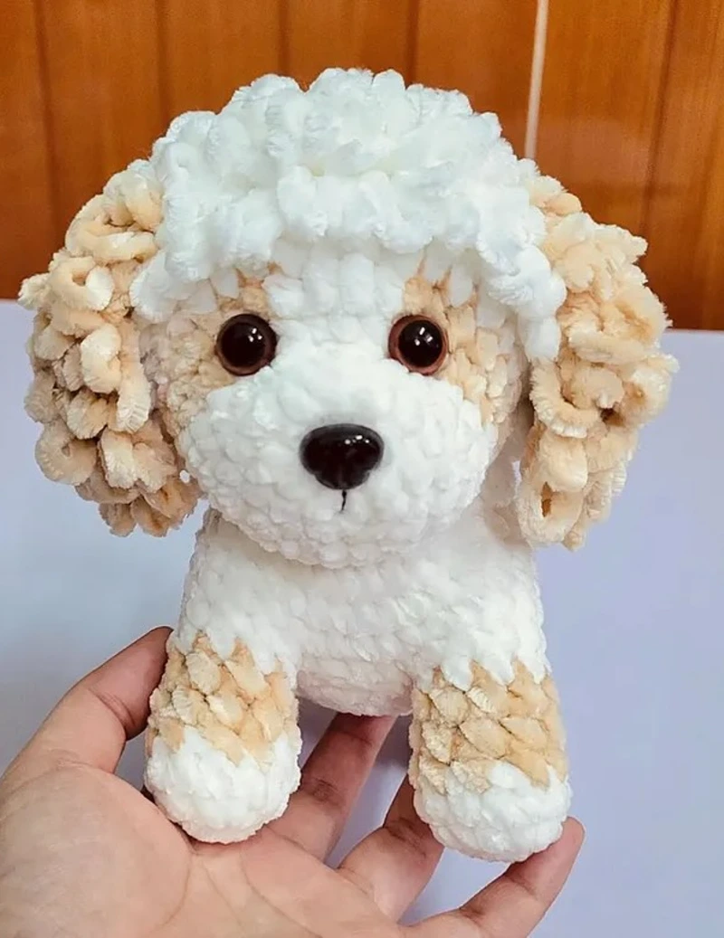 Fluffy Curly-Eared Poodle Plush in Cream and Honey Tones
