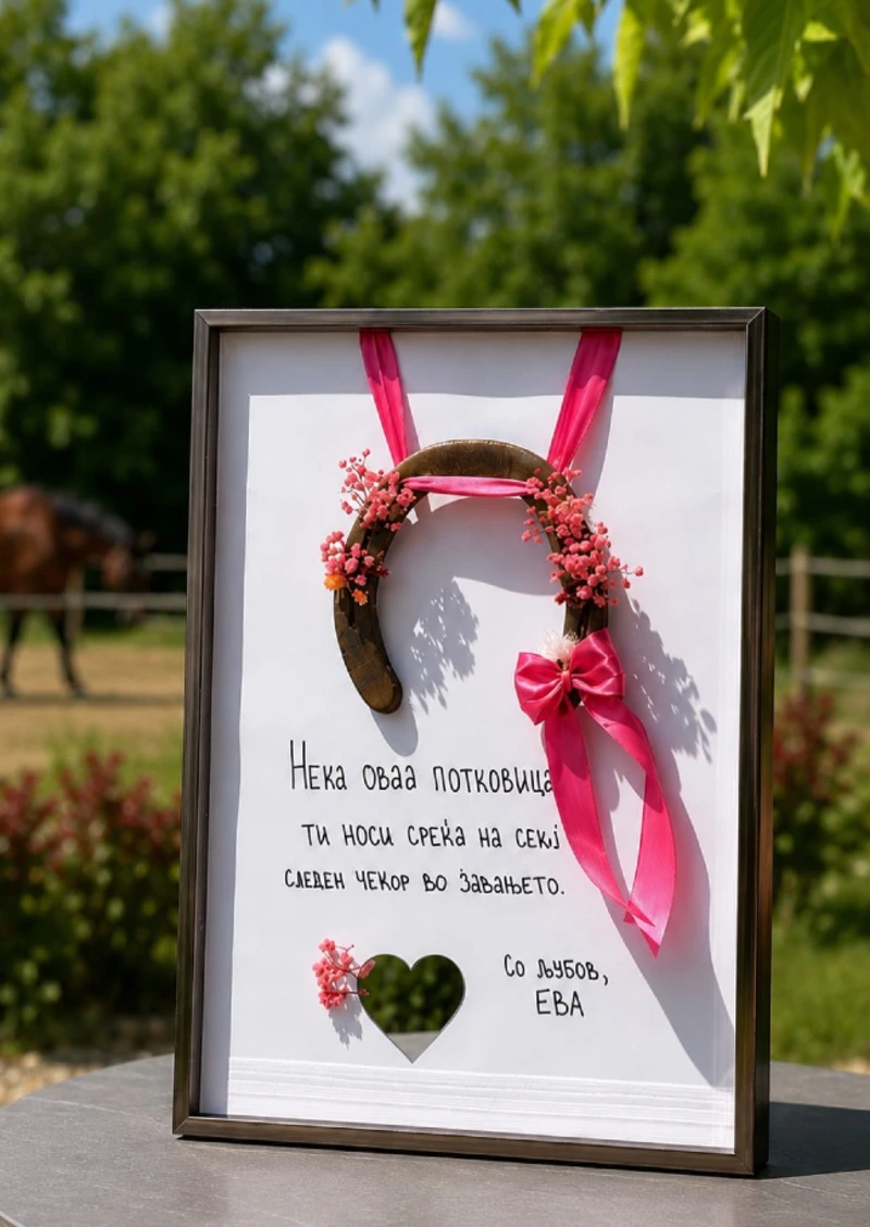 Framed Horseshoe Keepsake Display with Pink Floral Trim