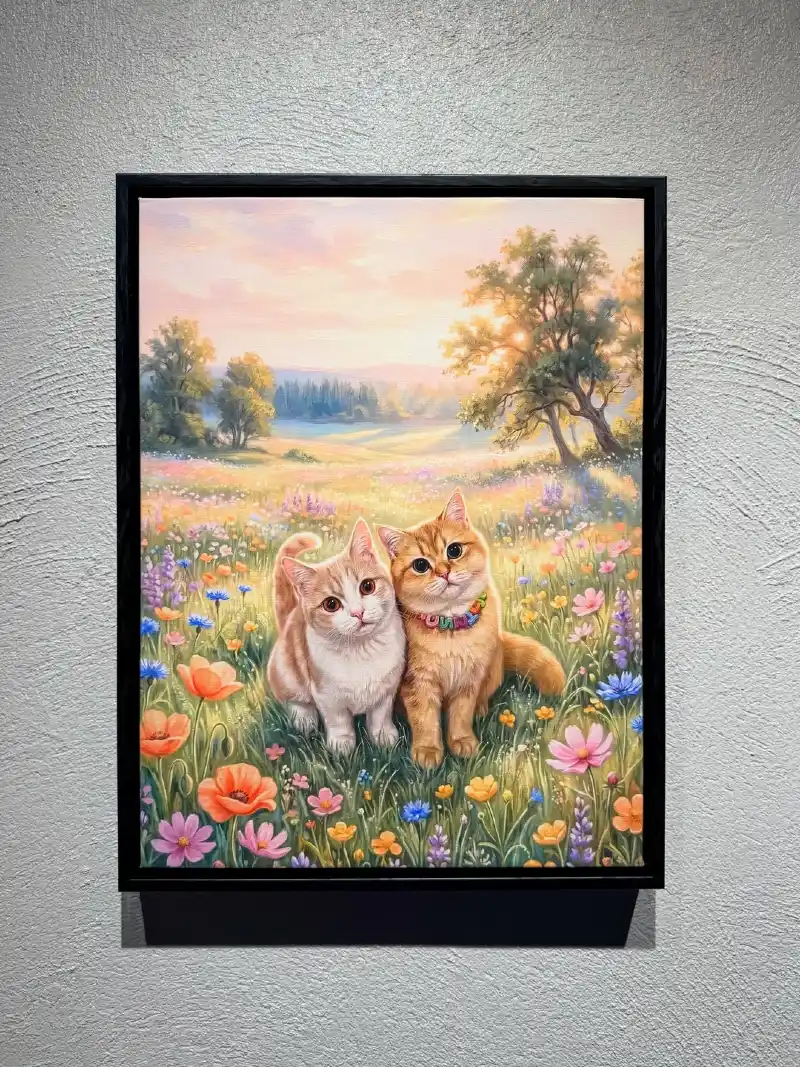 Framed Meadow Painting featuring Two Cats with Beaded Collar