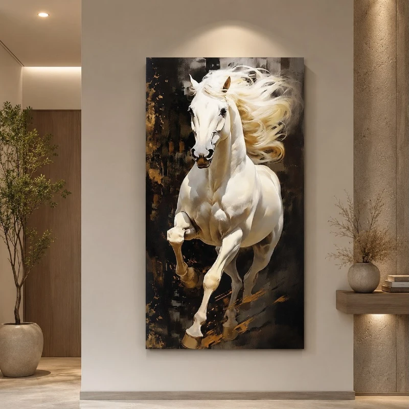 Frameless Charging White Stallion Canvas in an Earth-Toned Modern Foyer