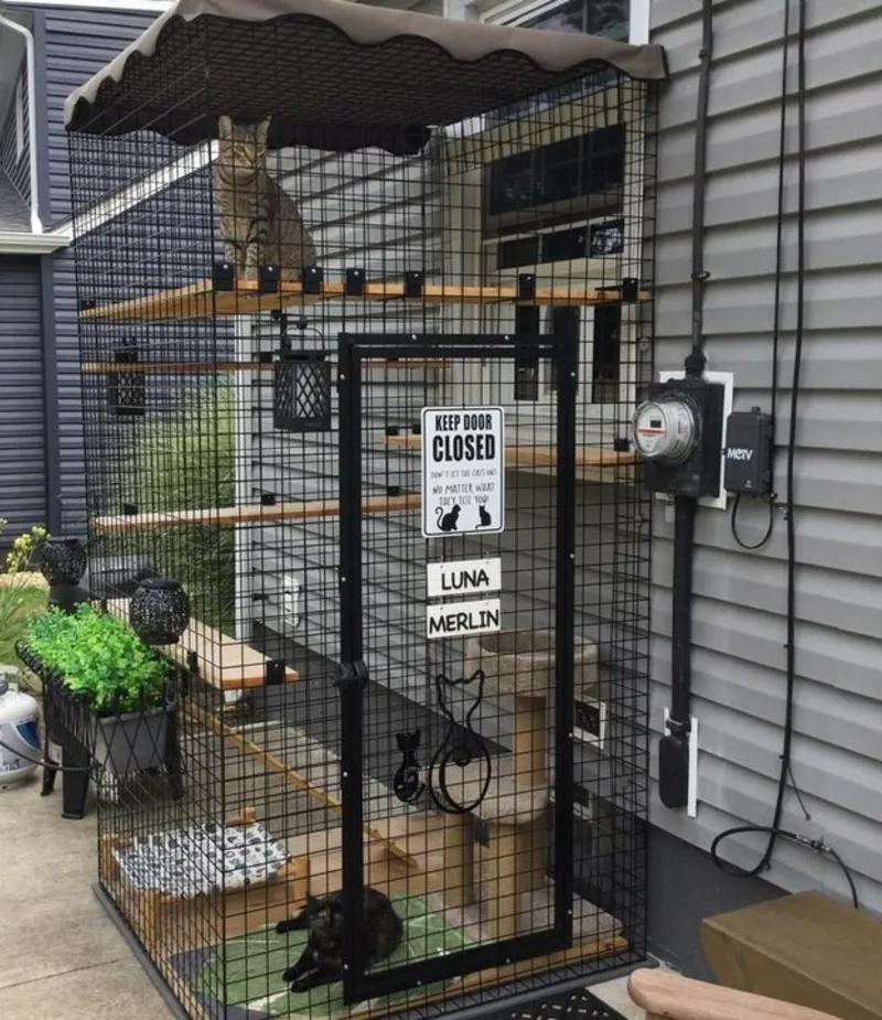 Freestanding Wire Mesh Catio with Scalloped Awning and Personalized Nameplates