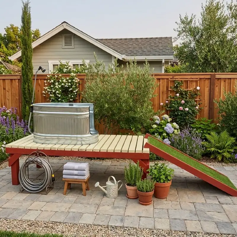 Galvanized Stock Tank Dog Bath on Raised Wooden Platform with Turf Ramp