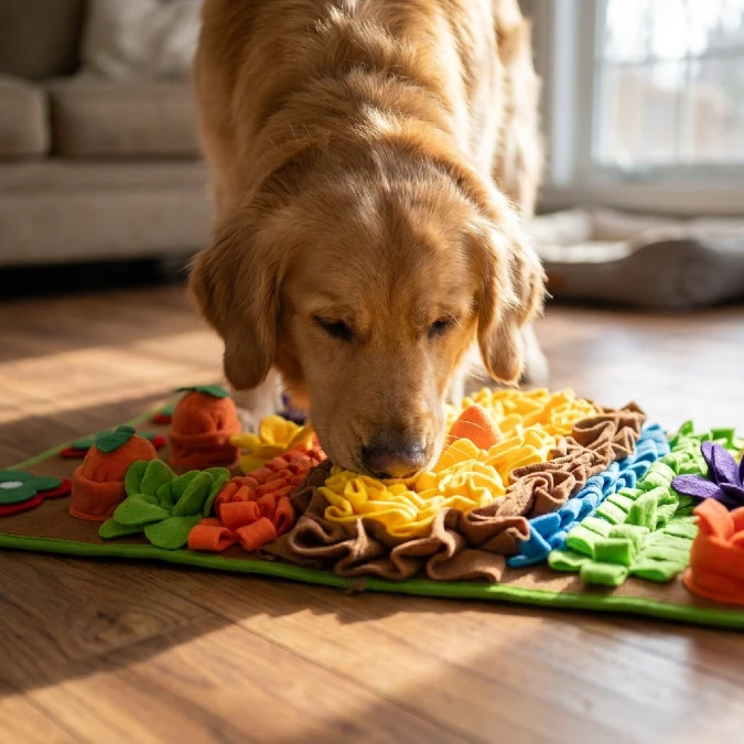 Garden Themed Snuffle Mats on Hardwood Floors