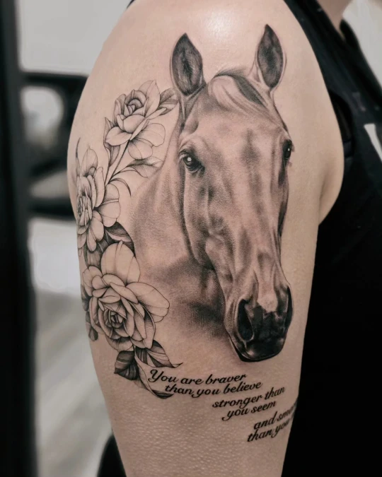 Gentle Equine Portrait with Blooming Roses
