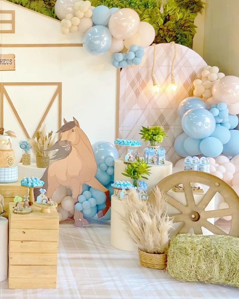 Gentle Plaid Backdrop with Hanging Rope Bulbs and Sky Blue Treat Pedestals