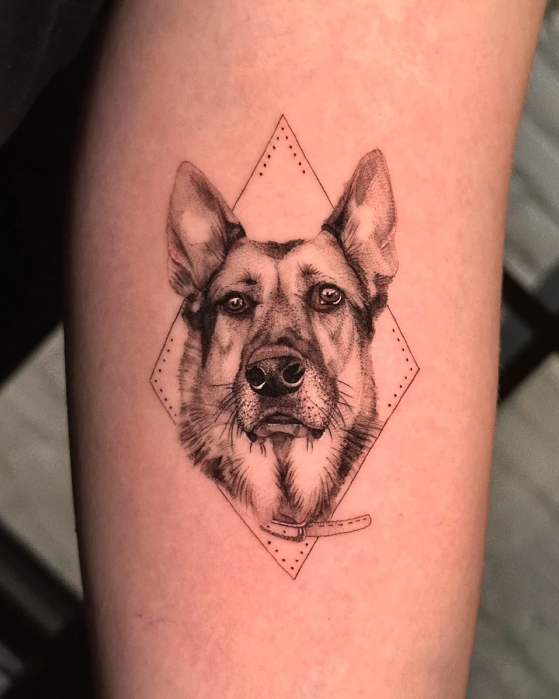 Geometric Diamond Framed German Shepherd Portrait with Fine Dotwork