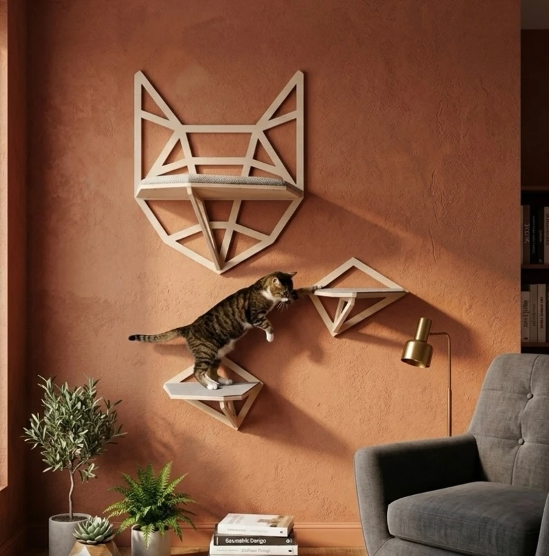Geometric Wireframe Cat-Head Wall Perch Installed on a Terracotta Stucco Backdrop