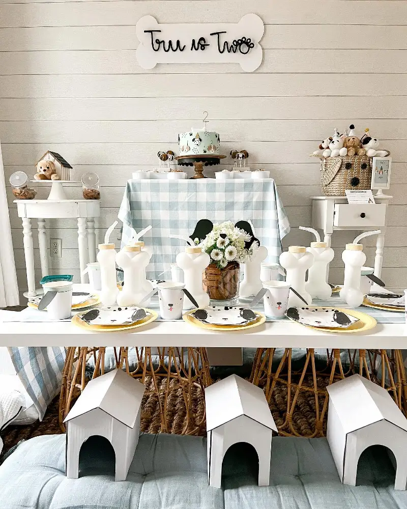 Gingham Buffet Table with Bone Cups and Cardboard Mini Doghouses