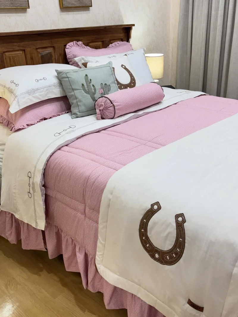 Gingham and Horseshoe Bedding with Ruffled Accents and Cactus Pillow