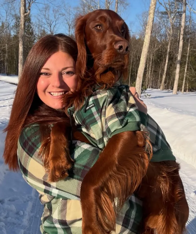 Green and Cream Plaid Hoodies on a Woman and Her Irish Setter