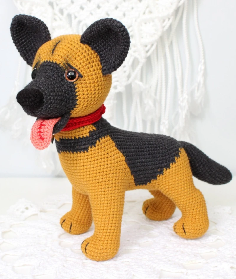 Hand-Crocheted German Shepherd Plush with Red Collar Accent