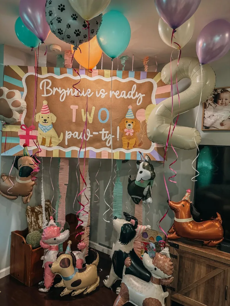 Hand-Painted Kraft Paper Banner with Hanging Streamers and Dog Breed Foil Balloons