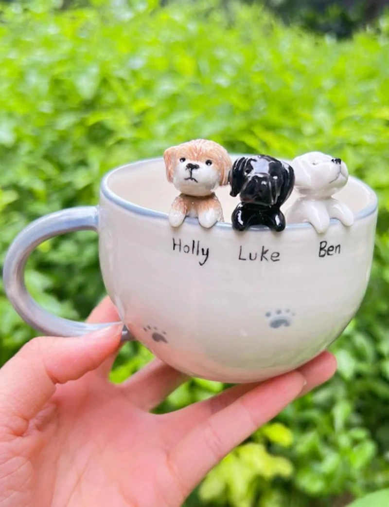 Handmade Sculpted 3D Dog Rim Ceramic Mug