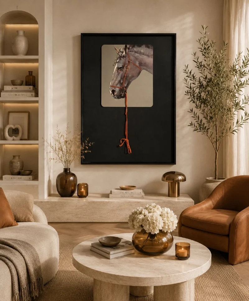 High-Contrast Horse Portrait with Physical Lead Rope on Black Floating Panel